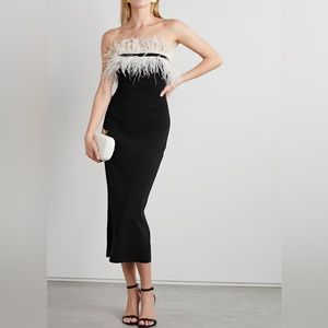 STAUD FRED SEGAL Nellie Feather-trimmed Stretch-Cady Midi Dress XS black white
